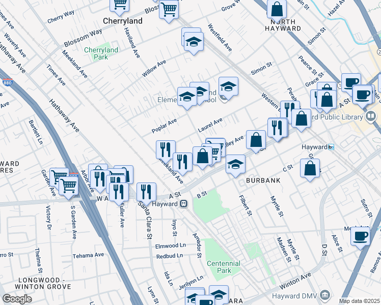 map of restaurants, bars, coffee shops, grocery stores, and more near 266 Smalley Avenue in Hayward