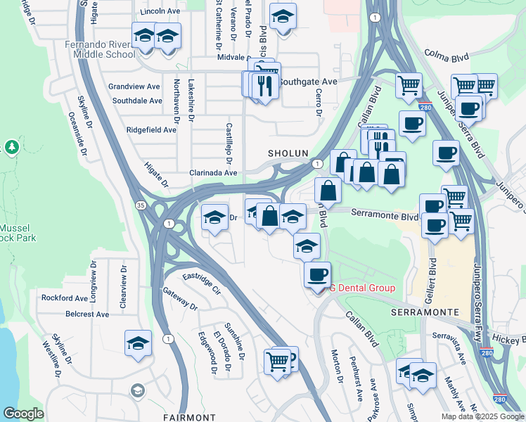 map of restaurants, bars, coffee shops, grocery stores, and more near 85 Kent Court in Daly City