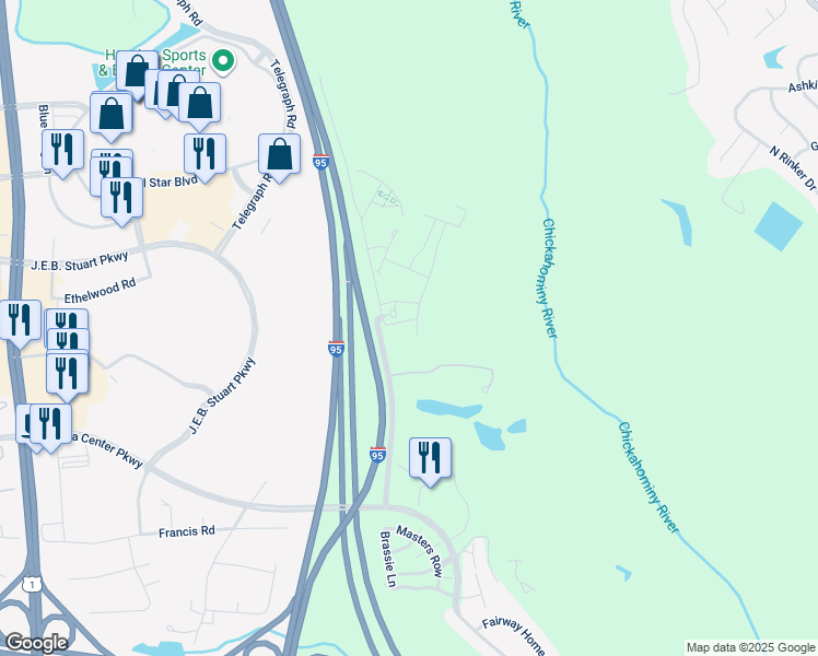 map of restaurants, bars, coffee shops, grocery stores, and more near 3910 Ironwoods Walk Place in Glen Allen