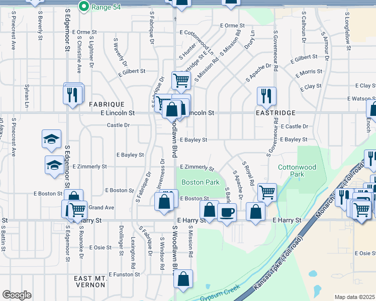 map of restaurants, bars, coffee shops, grocery stores, and more near 1000 South Woodlawn Boulevard in Wichita
