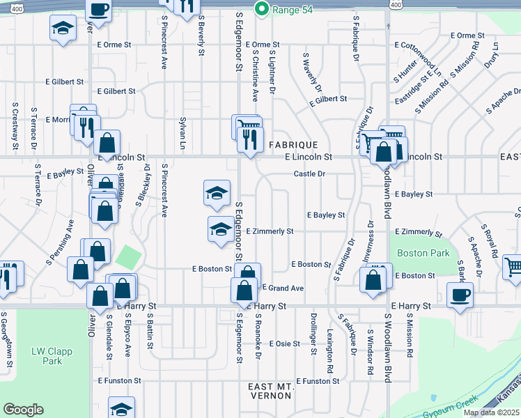 map of restaurants, bars, coffee shops, grocery stores, and more near 1015 South Christine Avenue in Wichita