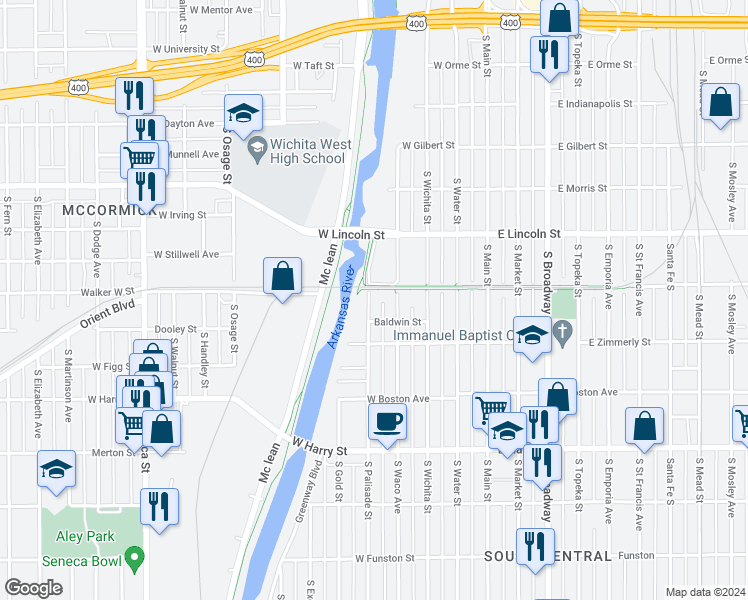 map of restaurants, bars, coffee shops, grocery stores, and more near 1305 South Waco Avenue in Wichita