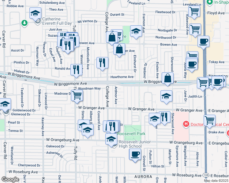 map of restaurants, bars, coffee shops, grocery stores, and more near 1715 Ardmore Avenue in Modesto