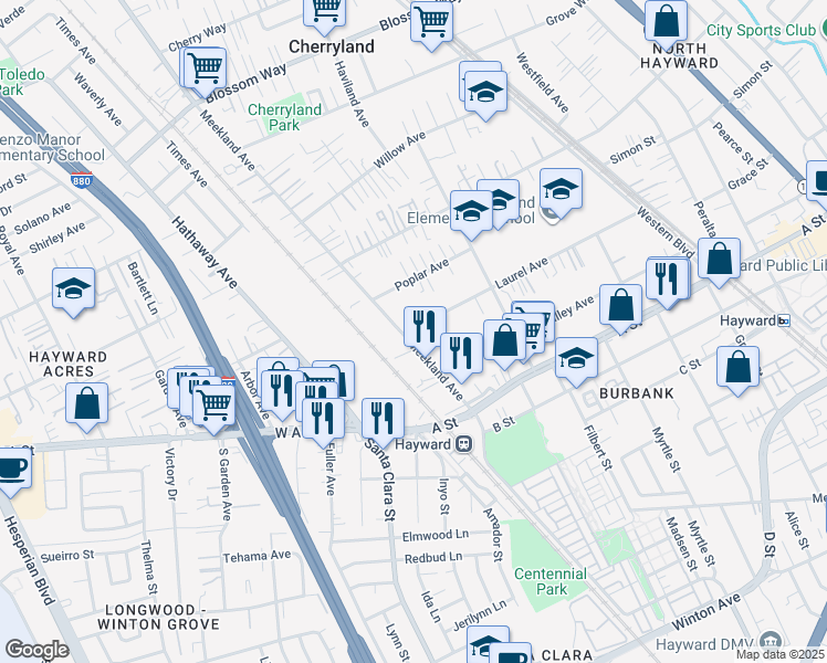 map of restaurants, bars, coffee shops, grocery stores, and more near 119 Laurel Avenue in Hayward