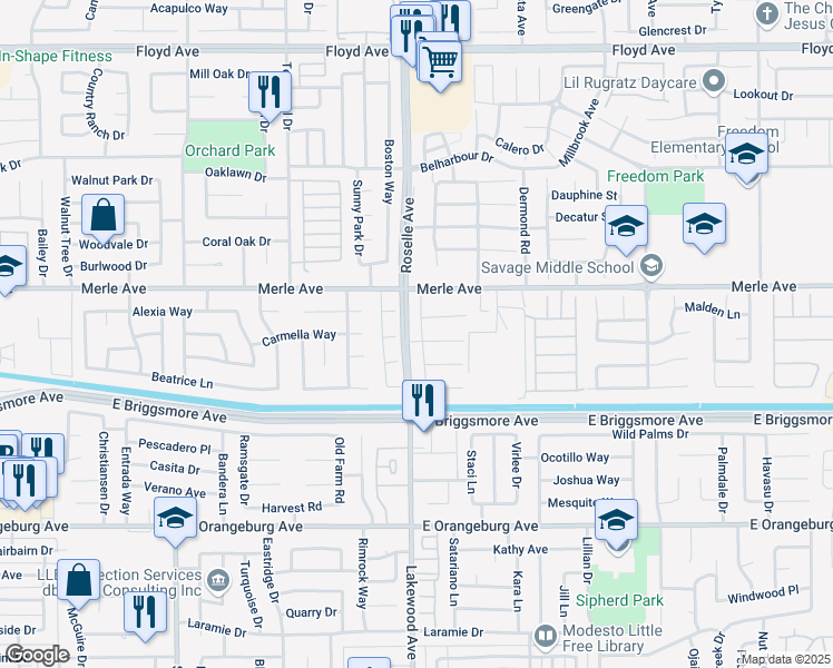 map of restaurants, bars, coffee shops, grocery stores, and more near 1701 Matisse Lane in Modesto