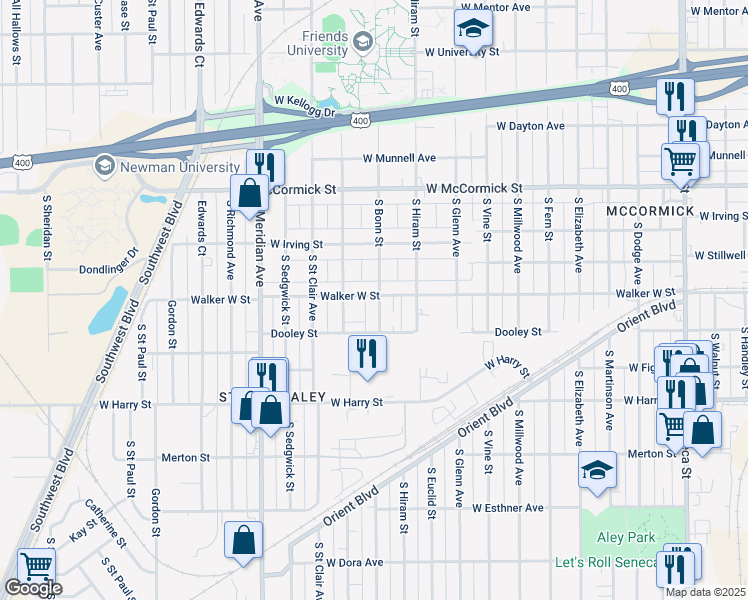 map of restaurants, bars, coffee shops, grocery stores, and more near 2101 Walker West Street in Wichita