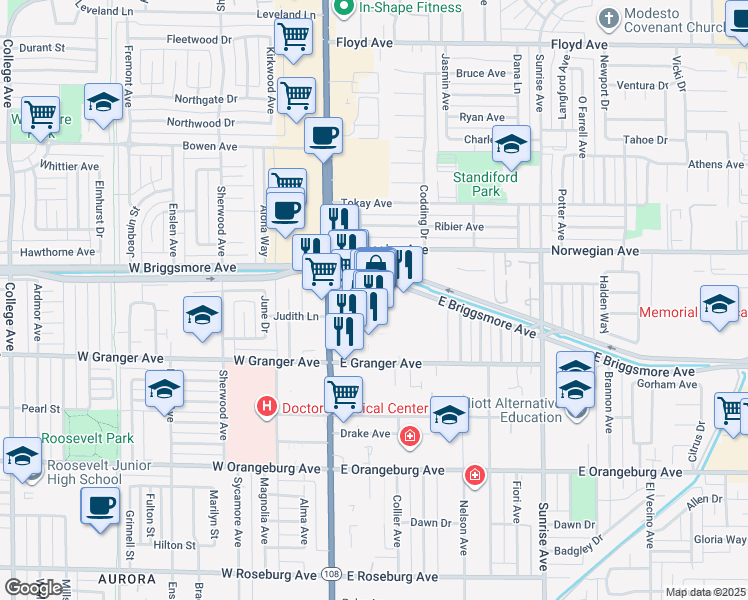 map of restaurants, bars, coffee shops, grocery stores, and more near 39 Mc Henry Village Way in Modesto
