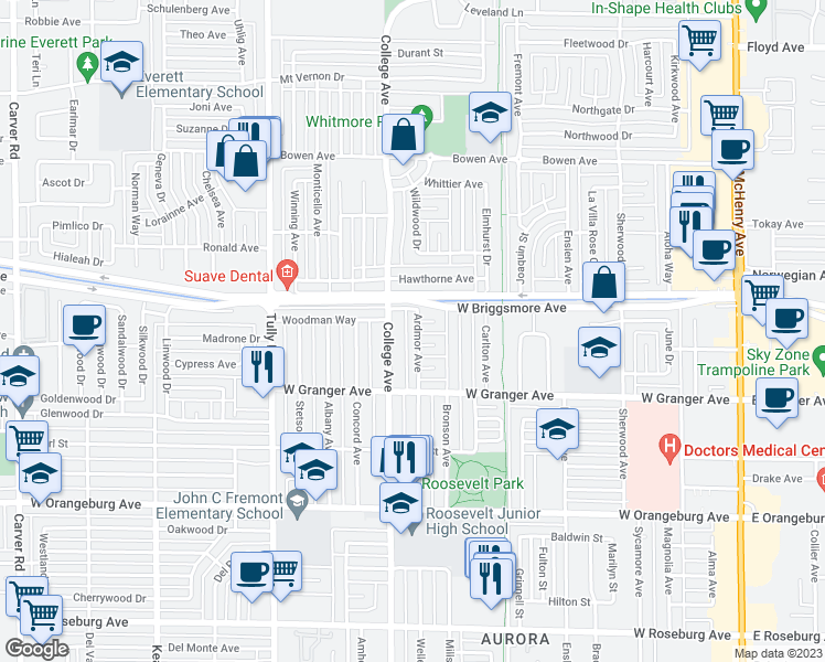 map of restaurants, bars, coffee shops, grocery stores, and more near 1715 Ardmor Avenue in Modesto