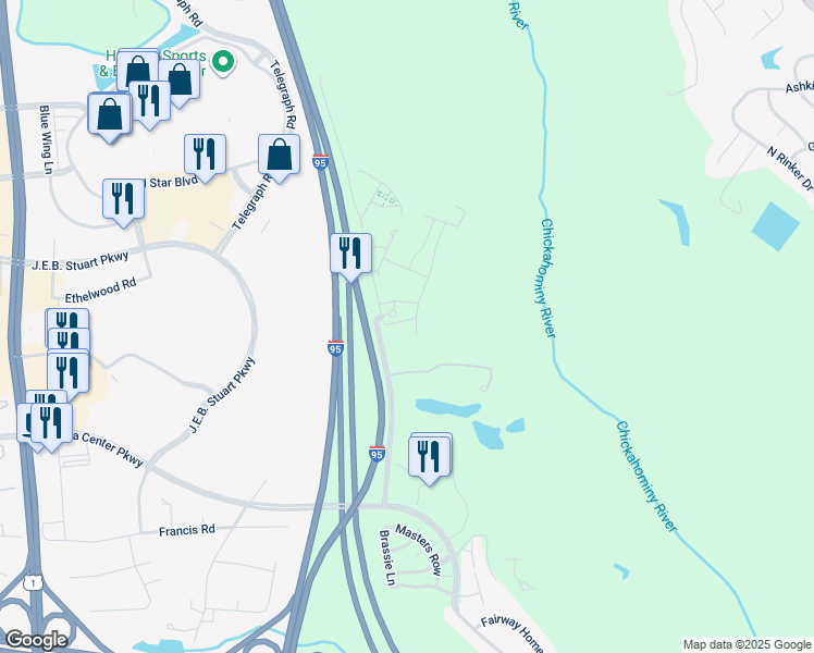 map of restaurants, bars, coffee shops, grocery stores, and more near 3910 Ironwoods Walk Place in Glen Allen
