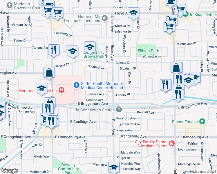 map of restaurants, bars, coffee shops, grocery stores, and more near 800 Vallejo Drive in Modesto
