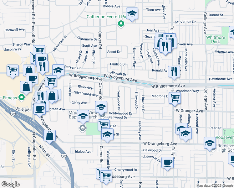 map of restaurants, bars, coffee shops, grocery stores, and more near 1705 Teakwood Drive in Modesto