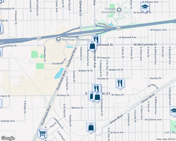 map of restaurants, bars, coffee shops, grocery stores, and more near 2600 Walker West Street in Wichita
