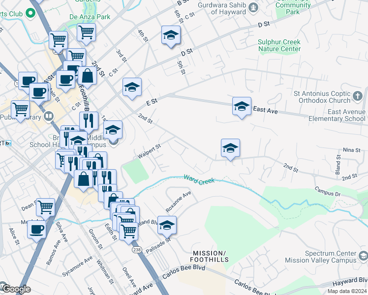 map of restaurants, bars, coffee shops, grocery stores, and more near 1304 Antonella Place in Hayward