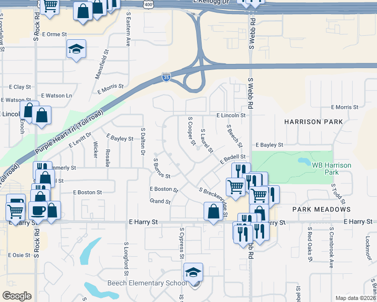 map of restaurants, bars, coffee shops, grocery stores, and more near 1026 South Cypress Street in Wichita