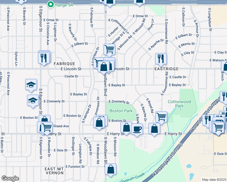 map of restaurants, bars, coffee shops, grocery stores, and more near 1000 South Woodlawn Boulevard in Wichita