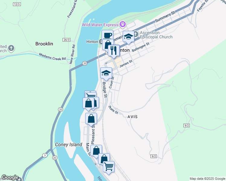map of restaurants, bars, coffee shops, grocery stores, and more near 116 Reservoir Street in Hinton