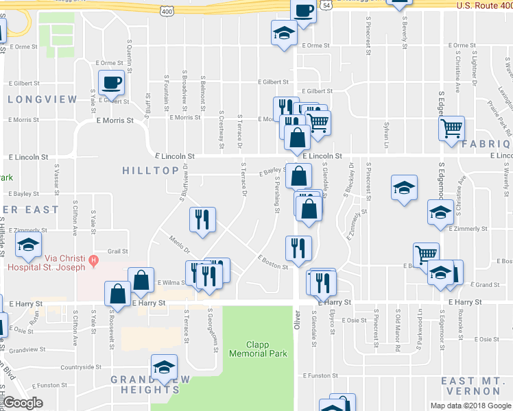 map of restaurants, bars, coffee shops, grocery stores, and more near 1136 South Terrace Drive in Wichita
