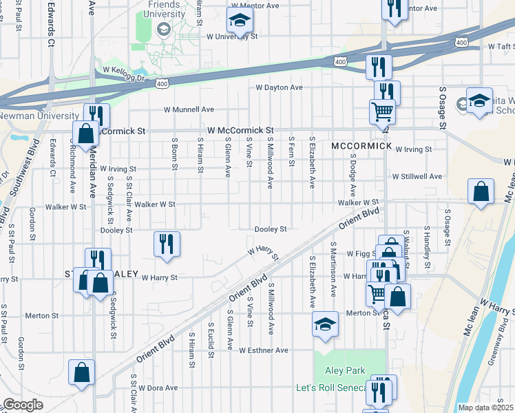 map of restaurants, bars, coffee shops, grocery stores, and more near 1717 Walker West Street in Wichita