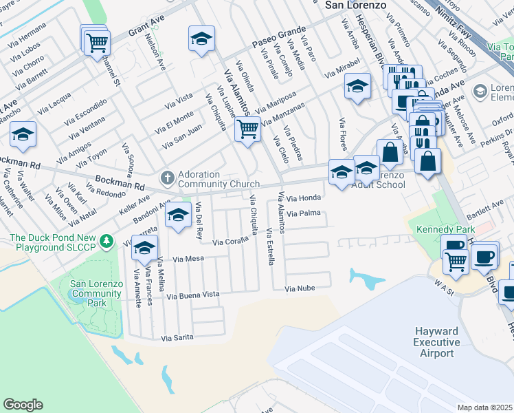 map of restaurants, bars, coffee shops, grocery stores, and more near 17226 Via Chiquita in San Lorenzo