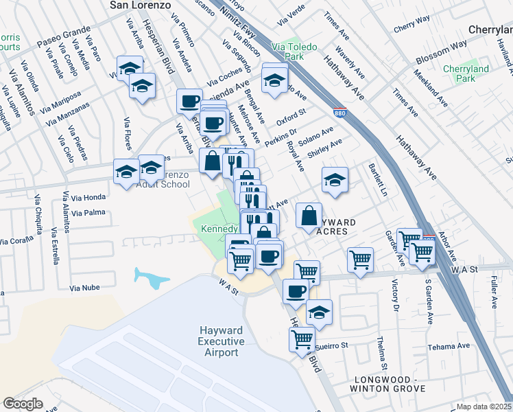 map of restaurants, bars, coffee shops, grocery stores, and more near 19390 Hesperian Boulevard in Hayward