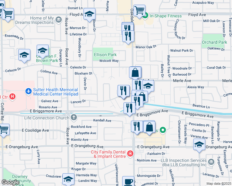 map of restaurants, bars, coffee shops, grocery stores, and more near 2041 Lancey Drive in Modesto