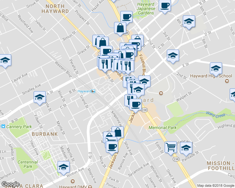map of restaurants, bars, coffee shops, grocery stores, and more near 22763 Watkins Street in Hayward