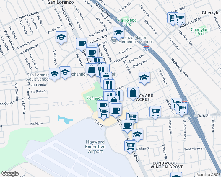 map of restaurants, bars, coffee shops, grocery stores, and more near 19390 Hesperian Boulevard in Hayward
