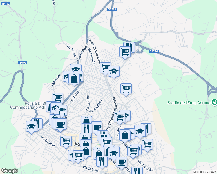 map of restaurants, bars, coffee shops, grocery stores, and more near 270 Via Vittorio Emanuele in Adrano