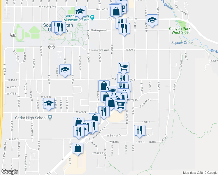 map of restaurants, bars, coffee shops, grocery stores, and more near 449 South 150 West in Cedar City