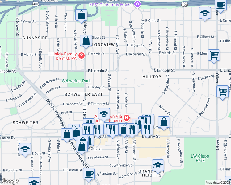 map of restaurants, bars, coffee shops, grocery stores, and more near 1019 S Clifton Ave in Wichita