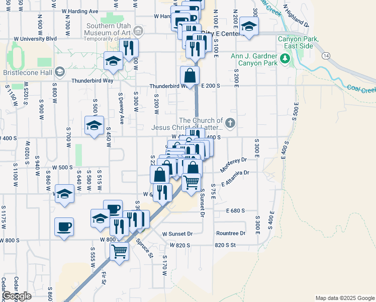 map of restaurants, bars, coffee shops, grocery stores, and more near 434 South Main Street in Cedar City