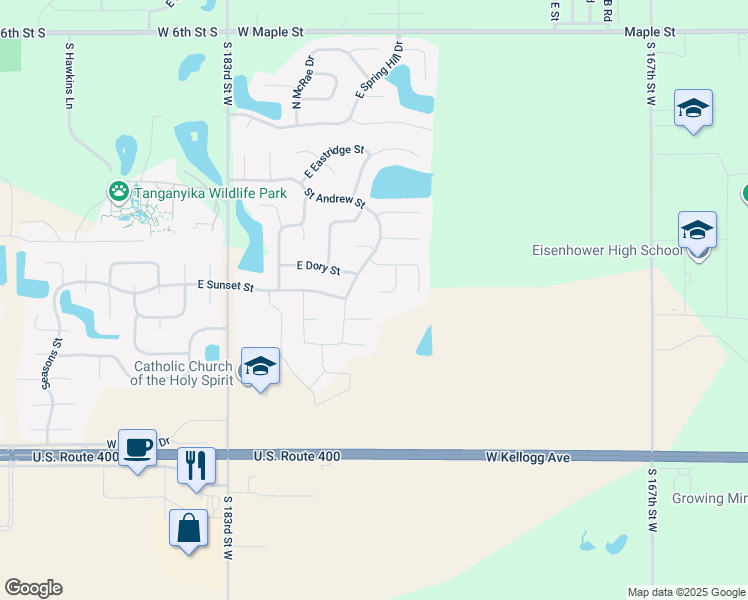 map of restaurants, bars, coffee shops, grocery stores, and more near 2433 East Dory Court in Goddard