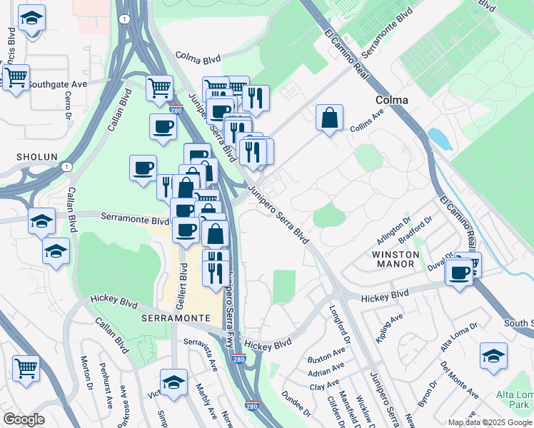 map of restaurants, bars, coffee shops, grocery stores, and more near 302 Philip Drive in Daly City