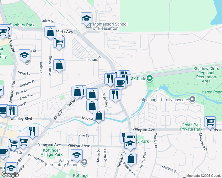 map of restaurants, bars, coffee shops, grocery stores, and more near 3550 Stanley Boulevard in Pleasanton