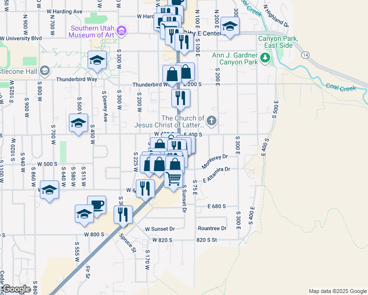 map of restaurants, bars, coffee shops, grocery stores, and more near 433 South Main Street in Cedar City