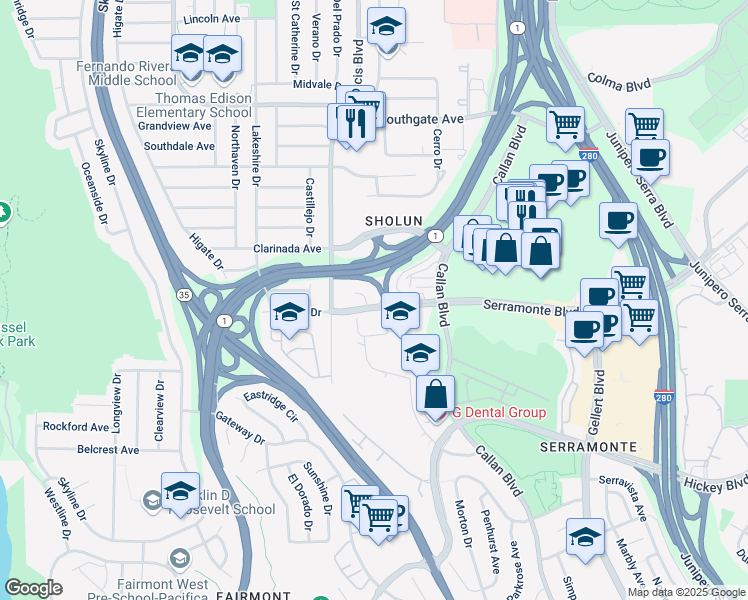 map of restaurants, bars, coffee shops, grocery stores, and more near 652 Serramonte Boulevard in Daly City
