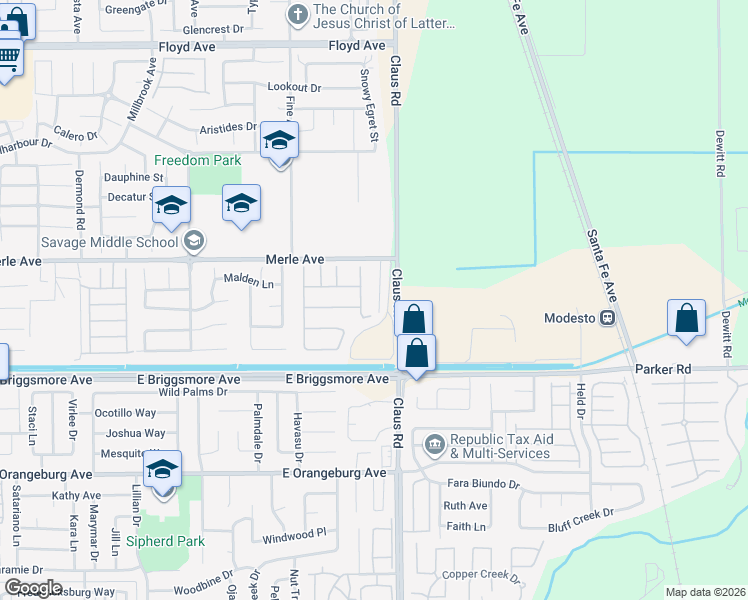 map of restaurants, bars, coffee shops, grocery stores, and more near 1713 Thomas Court in Modesto