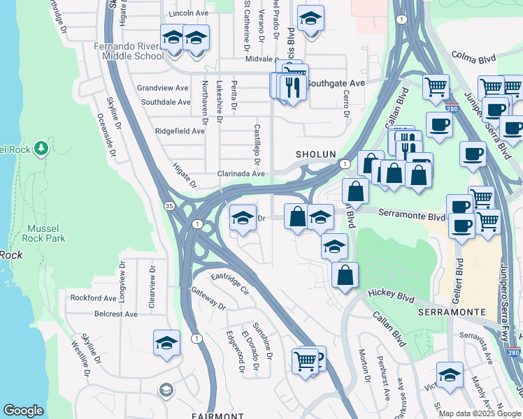 map of restaurants, bars, coffee shops, grocery stores, and more near 195 Castillejo Drive in Daly City