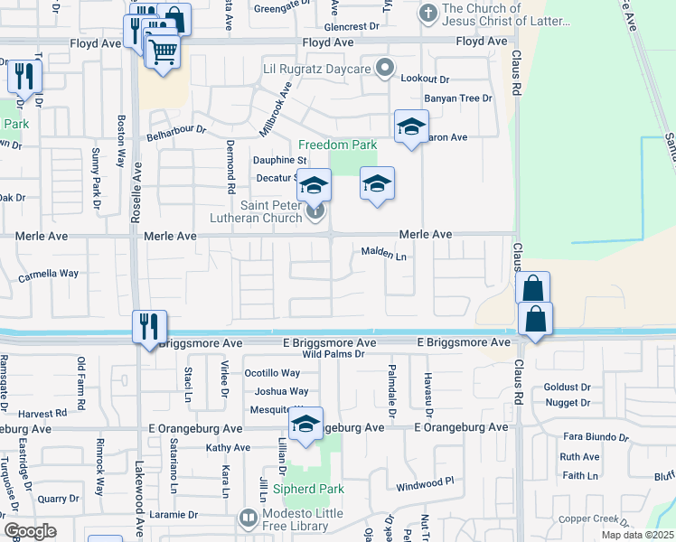 map of restaurants, bars, coffee shops, grocery stores, and more near 1704 Maid Mariane Lane in Modesto