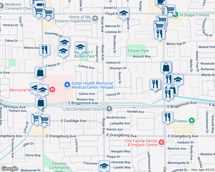 map of restaurants, bars, coffee shops, grocery stores, and more near 1805 Fairfax Avenue in Modesto