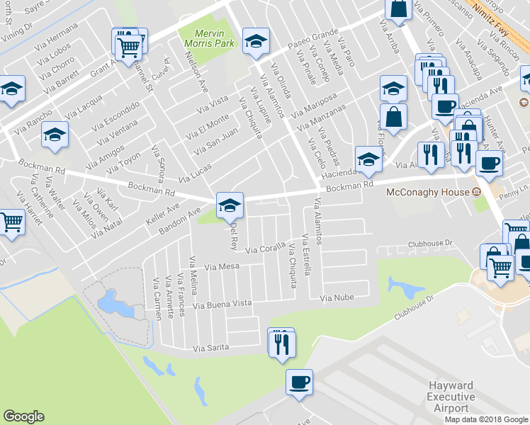 map of restaurants, bars, coffee shops, grocery stores, and more near 1335 Via Madera in San Lorenzo