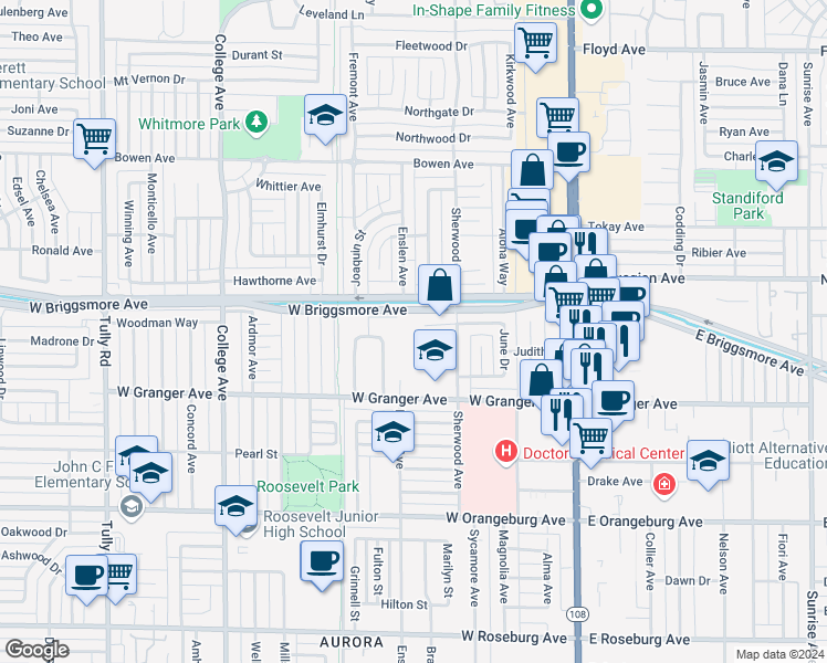 map of restaurants, bars, coffee shops, grocery stores, and more near 500 Gayle Avenue in Modesto