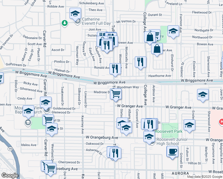 map of restaurants, bars, coffee shops, grocery stores, and more near 1713 Tully Road in Modesto