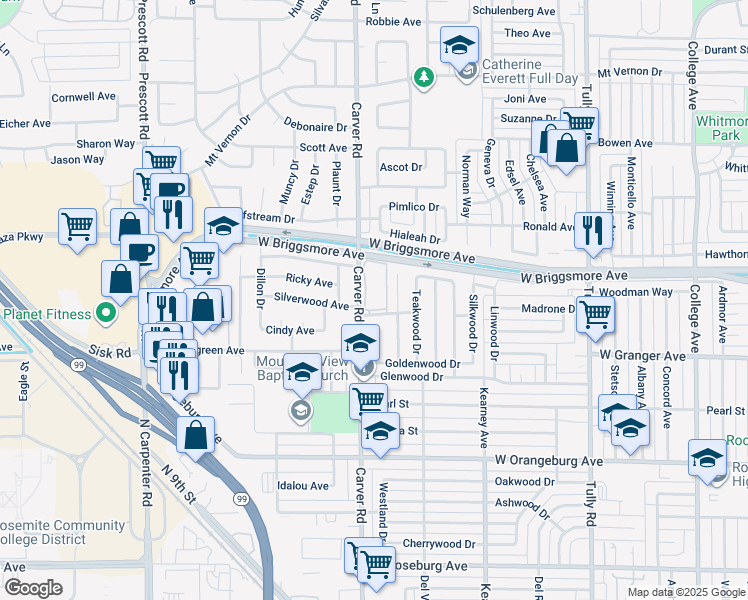 map of restaurants, bars, coffee shops, grocery stores, and more near 1712 Carver Road in Modesto