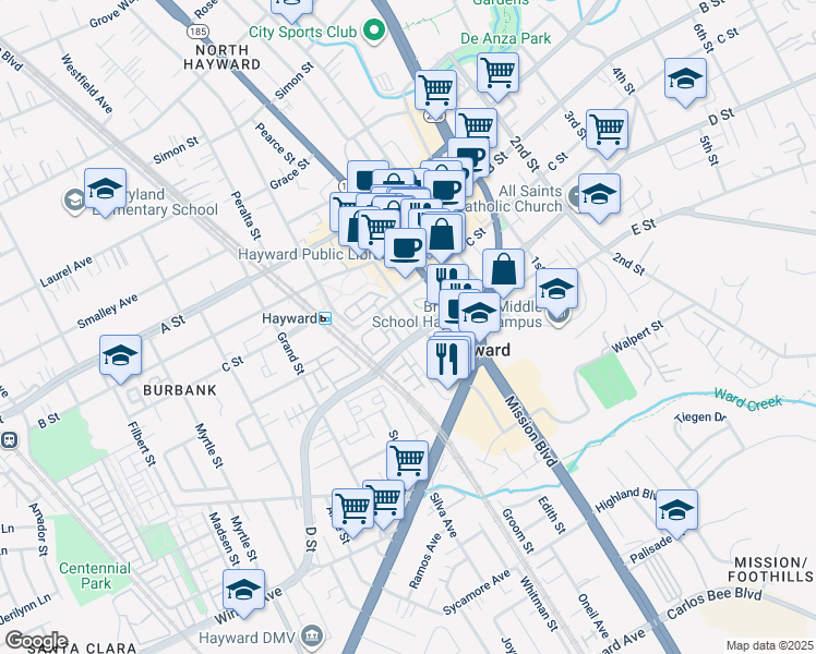 map of restaurants, bars, coffee shops, grocery stores, and more near 22763 Watkins Street in Hayward