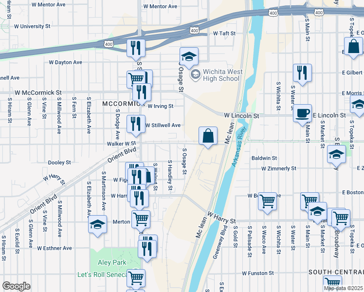 map of restaurants, bars, coffee shops, grocery stores, and more near 701-799 Walker Street in Wichita