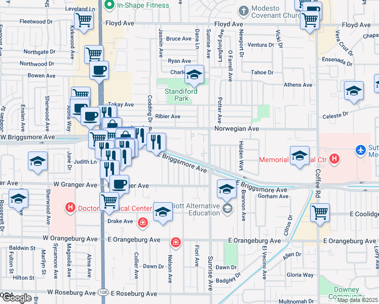 map of restaurants, bars, coffee shops, grocery stores, and more near 1712 Plaza De San Joaquin in Modesto