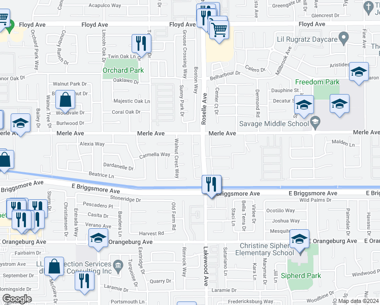 map of restaurants, bars, coffee shops, grocery stores, and more near 1801 Cashmere Drive in Modesto