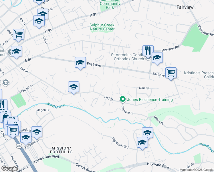map of restaurants, bars, coffee shops, grocery stores, and more near 1827 June Marie Court in Hayward