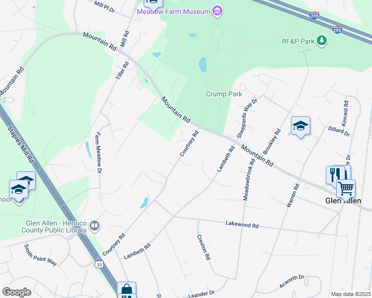 map of restaurants, bars, coffee shops, grocery stores, and more near 10671 Courtney Road in Glen Allen